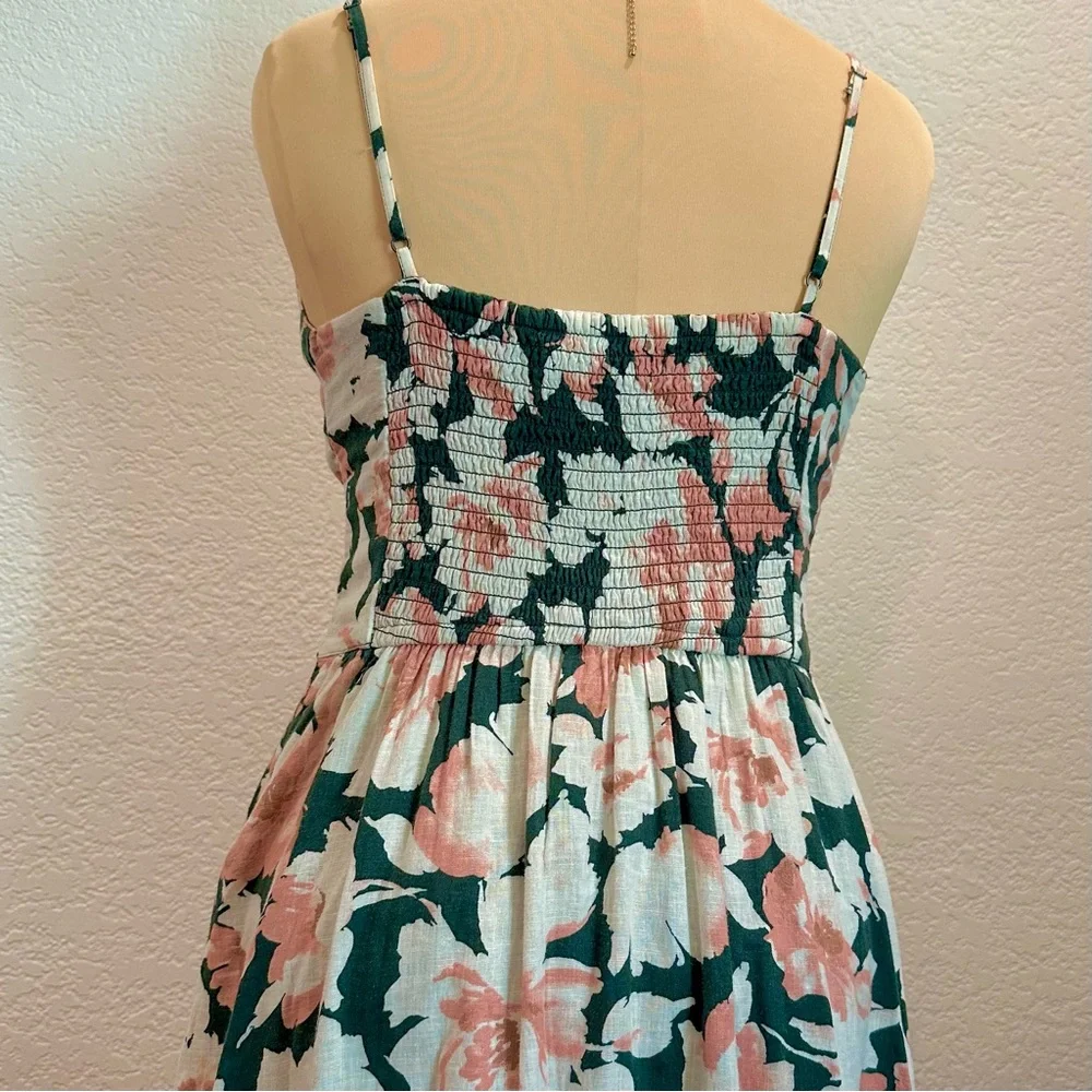 Abercrombie &‎ Fitch Green Coral Floral V-Neck Plunge Linen Blend Maxi Dress